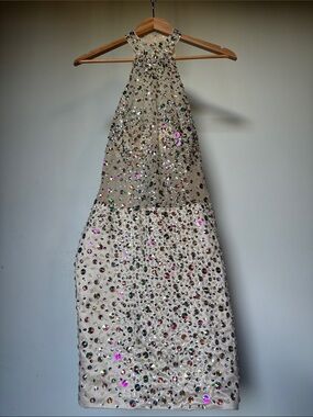 Custom Made Nude Effect Halter Mini Dress Ivory Sparkle Diamond 💎